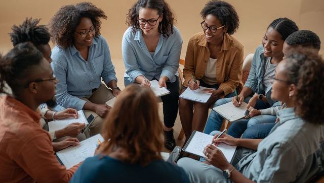 Multiracial writing workshop sitting in circle, collaborative note-taking and discussion