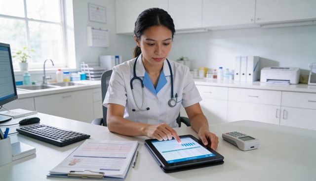 Clinician reviewing patient data on tablet while tapping charts in modern clinic office
