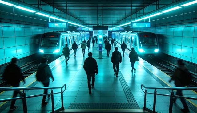 Futuristic cyan subway platform showing commuters walking between dual trains at rush hour
