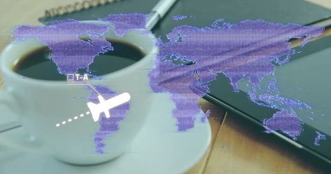Coffee cup and tablet blending with digital world map overlay and airplane travel graphic