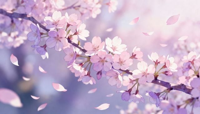 Delicate cherry blossom branch swaying in soft pastel spring light with falling petals