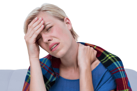 Transparent Blond Woman Experiencing Headache and Neck Strain