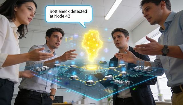 Business team analyzing holographic network map with ai bottleneck alert during meeting
