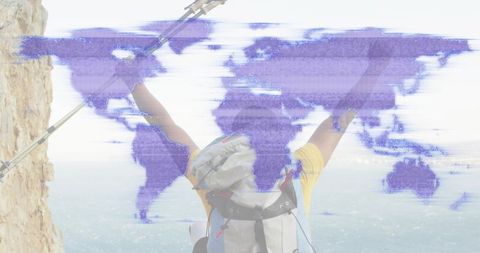 Hiker Celebrating On Coastal Cliff Holding Trekking Poles With Purple World Map Overlay