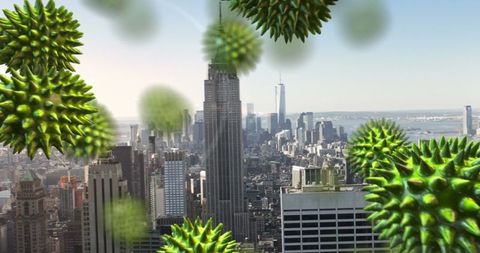 Digital virus cells hovering over urban cityscape