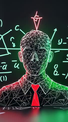 Wireframe bust revealing neon formulas, pulsing arrow and red tie, futuristic vertical loop