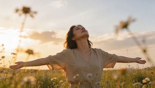 Woman embracing sunset in wildflower meadow, arms outstretched for calm and mindfulness