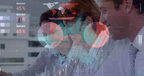 Business Team Analyzing Global Data with Digital Graphics