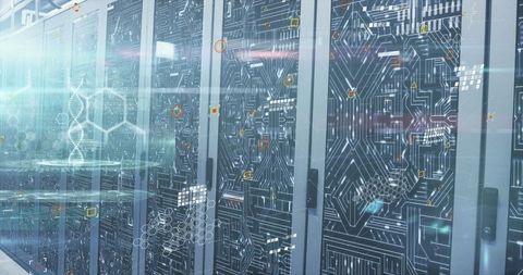 Futuristic Data Center with Digital Interfaces and DNA Strand