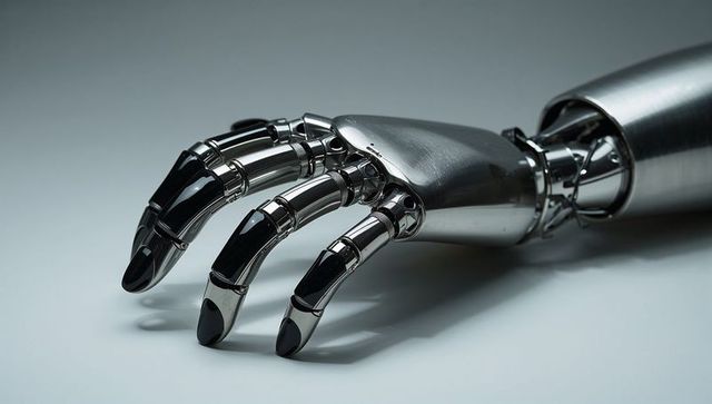 Chrome robotic prosthetic hand with segmented joints and black fingertips