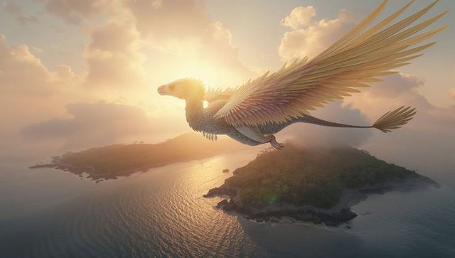 Majestic feathered dragon flight over sunset islands