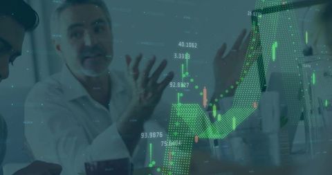 Business team analyzing rising stock market candlestick chart overlay in office meeting