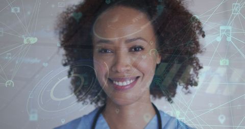 Digital Interface Overlay on Smiling Healthcare Professional