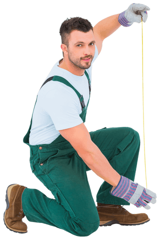 Confident Worker Measuring with Tape on Transparent Background