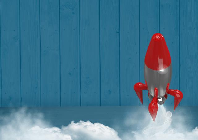 3D Red Rocket Launching with Smoke Against Blue Wooden Background - Download Free Stock Photos Pikwizard.com