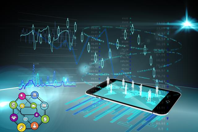 This image depicts a smartphone displaying holographic graphs and data visualizations, symbolizing advanced technology and digital innovation. Ideal for use in articles, presentations, and marketing materials related to business analytics, finance, stock market analysis, and futuristic technology concepts.