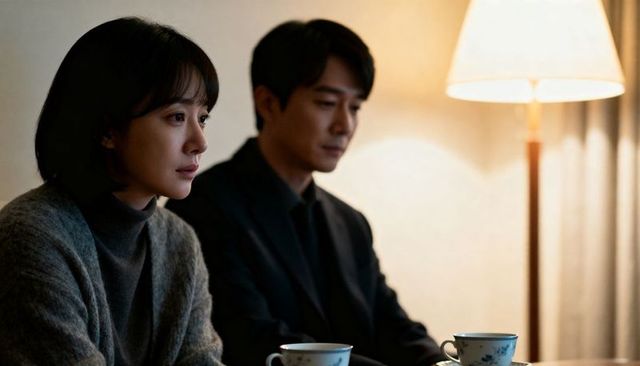 Couple sharing quiet evening over tea in warm lamp light, intimate reflective moment
