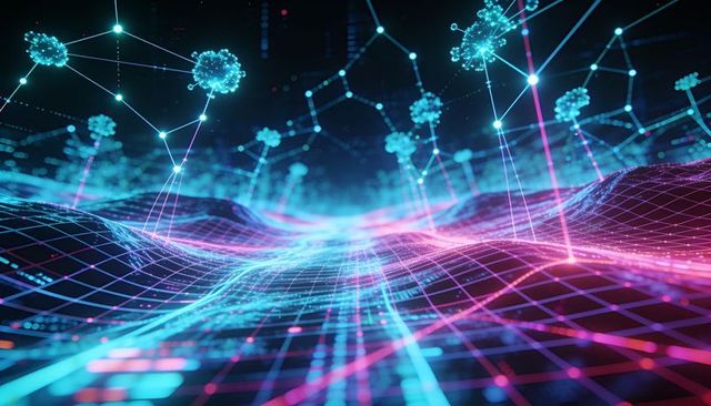 Neon wireframe network landscape forming waving grid with glowing nodes and data streams