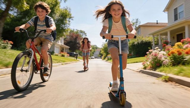 Kids riding bikes and scooters down sunny suburban street, laughing and playing