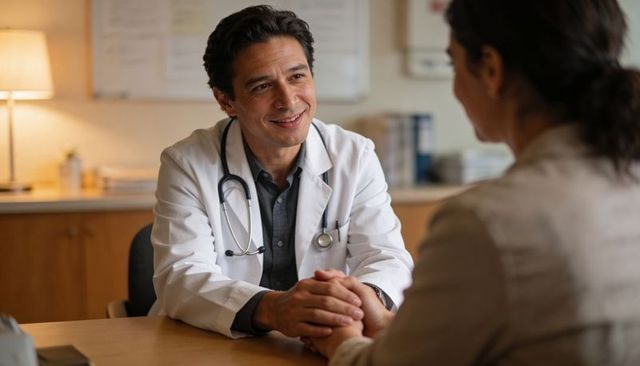 Compassionate physician smiling while holding patient's hands during medical consultation