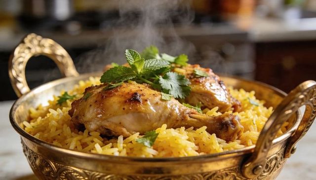 Steaming spiced chicken biryani in ornate brass bowl with mint garnish