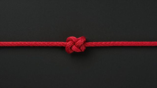 Red braided rope knot on black background