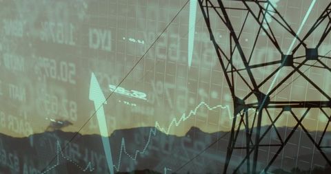 Financial Data Overlaid on Transmission Tower at Dusk