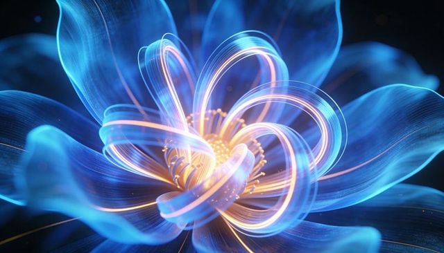 Glowing blue flower emitting golden filament light with neon ribbon petals