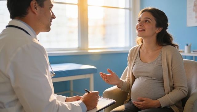 Expectant mother discussing prenatal care with doctor in sunlit clinic, joyful consultation