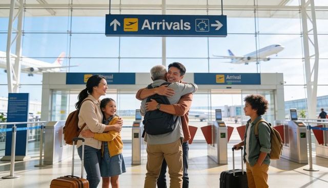 Multigenerational family reuniting at airport arrivals hugging and smiling with luggage backpacks