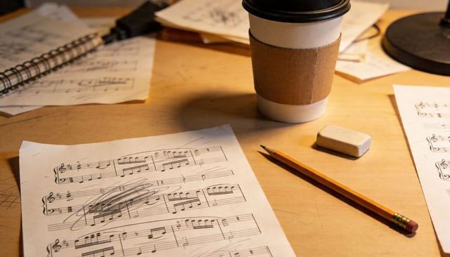 Composer desk showing scribbled sheet music, yellow pencil, eraser and takeaway coffee cup