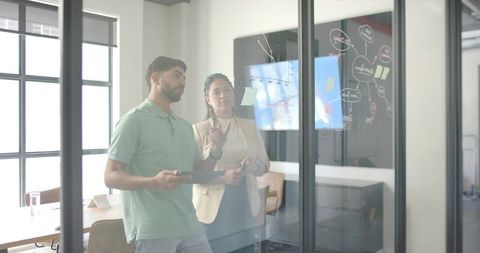 Team Collaboration Brainstorming Ideas on Glass Wall