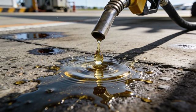 Dripping fuel nozzle creating golden droplet and ripples on sunlit concrete forecourt