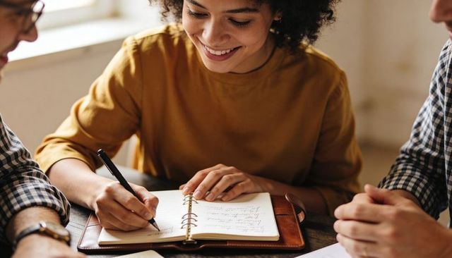Smiling woman writing in ringbound planner during collaborative team meeting