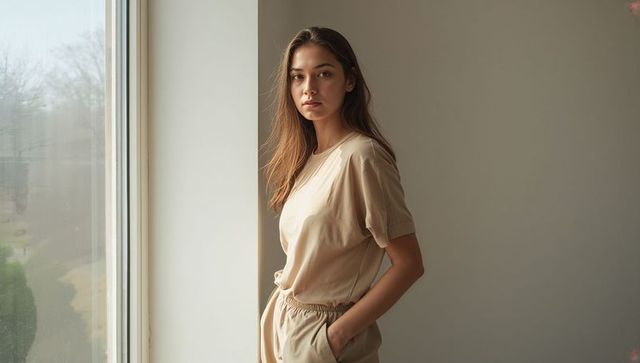 Young woman standing by window in minimal beige loungewear bathed in soft serene natural light