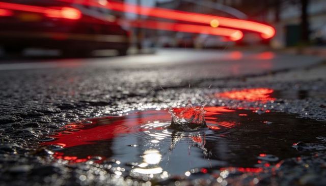 Catching crown splash of single raindrop on asphalt reflecting red urban light trails