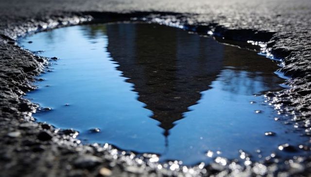Reflecting church steeple in pavement puddle with blue sky and glinting pebbles