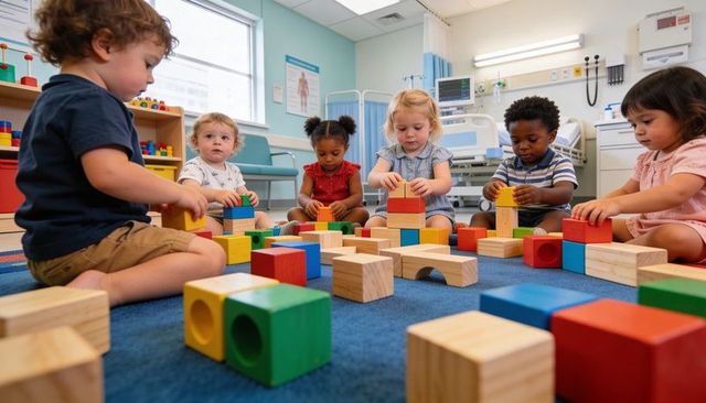 Preschoolers playing and stacking colorful wooden blocks on blue carpet in clinic playroom