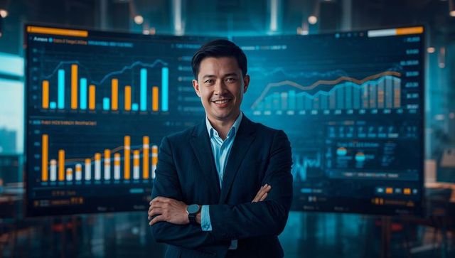 Confident executive standing in front of data visualization screens