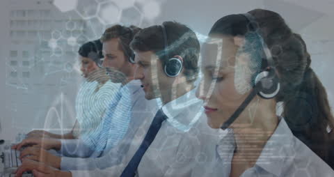 Diverse Call Center Team Using Headsets with Advanced Technology Illustration