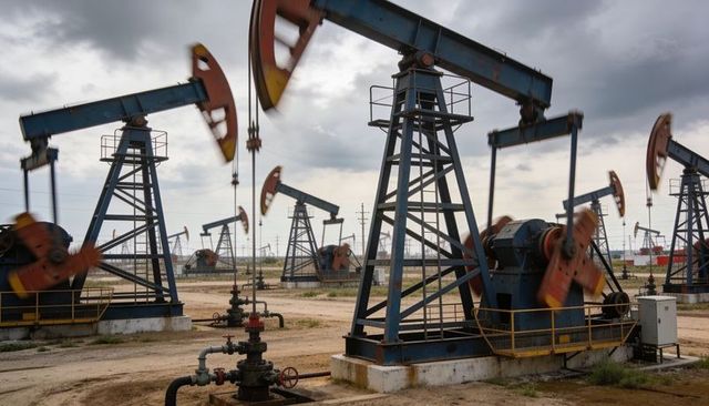 Onshore pumpjacks pumping and moving counterweights in arid oilfield industrial landscape