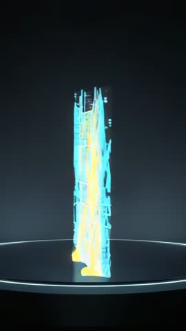 Projecting Neon Street Grid Folding into Vertical Column on Curved Display for Data Visualization