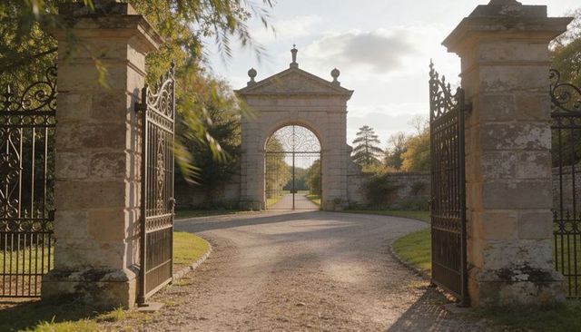 Ornate stone archway framing curved gravel drive and wrought iron gates in autumn light
