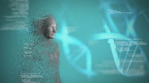 Digital Human Face Transforming Into Data Particles With DNA Helix