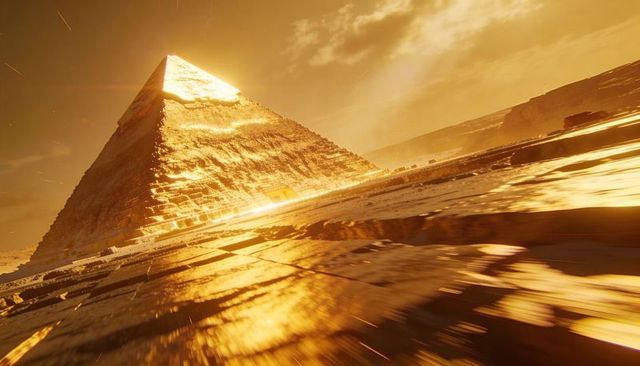 Glowing pyramid reflecting golden sunbeams on cracked desert plateau at sunset