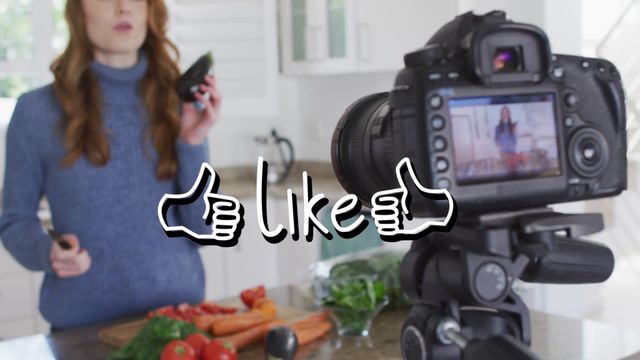 This scene shows Caucasian woman filming cooking vlogs in her modern kitchen. Perfect for visual representation of social media influencers, digital content creation, and the integration of technology in everyday life. Useful for articles or promotions centered around vlogging, culinary marketing, or lifestyle documentaries.