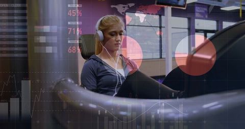 Female athlete using leg press machine wearing headphones tracking performance with ar hud