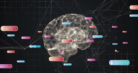 Pulsing wireframe brain with neon data tags visualizing neural network ai connectivity