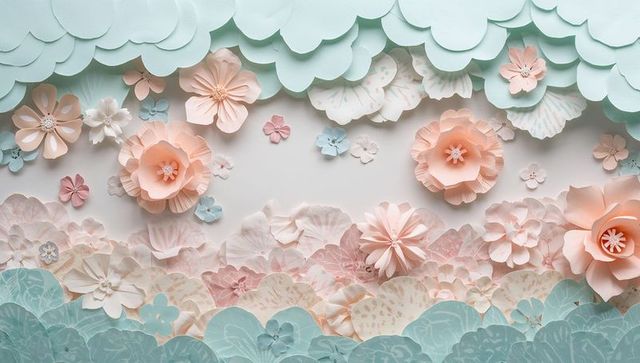 Creating pastel paper flower panel featuring layered mint scallops and peach rosettes