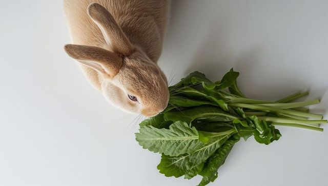 Top-down tan domestic bunny nibbling fresh leafy greens on clean white surface